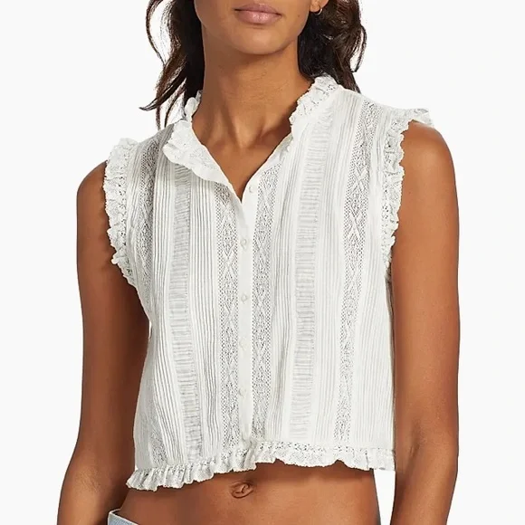 Doen Hallie Cotton Lace Ruffle Button Sleeveless Crop Blouse Top Salt White - Picture 3 of 11